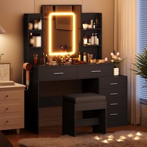 Vanity Desk with Mirror, LED Lights, Power Outlet, Makeup Vanity Table with 6 Drawers - 1 of 4