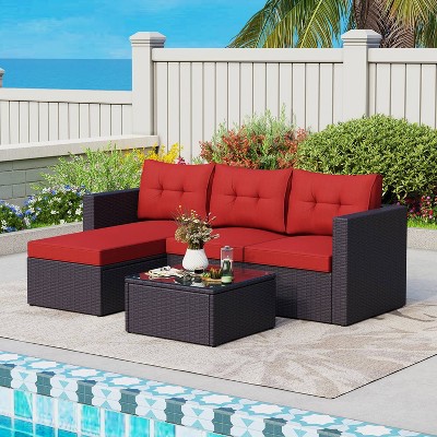 3pc Steel & Wicker Outdoor Conversation Set With Square Coffee Table ...