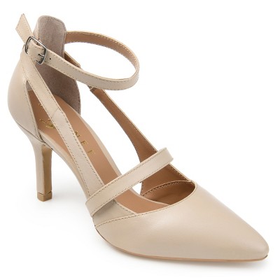 Journee Signature Womens Genuine Leather Vallerie Buckle Mid Heel Almond Toe Pumps