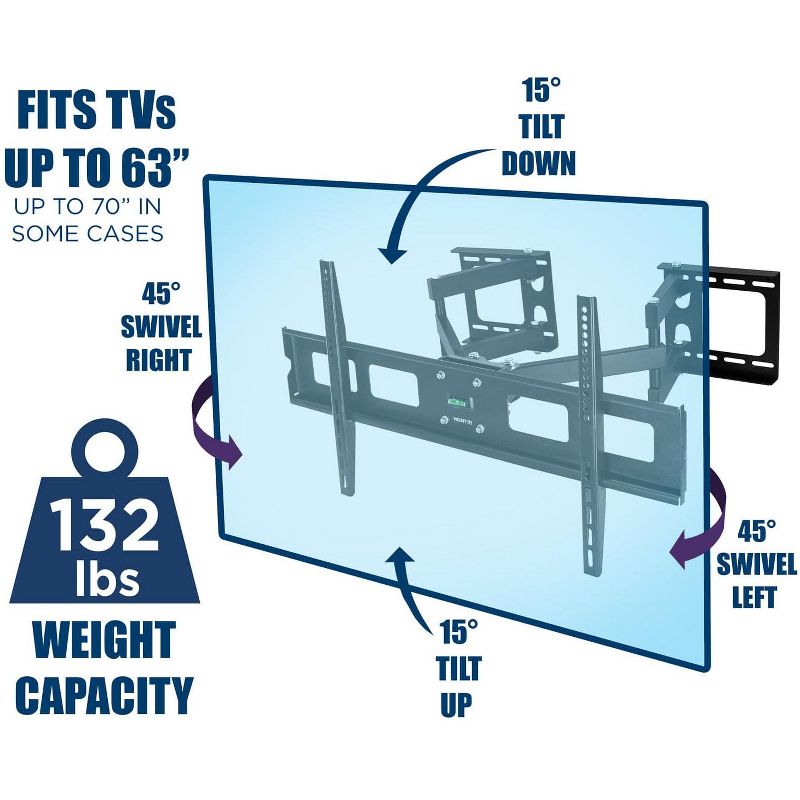 Mount-It! Full Motion Corner TV Mount | Fits Up to VESA 800x400 mm | 132 Lbs. Weight Capacity | Extension Up to 20" | Black, 3 of 9