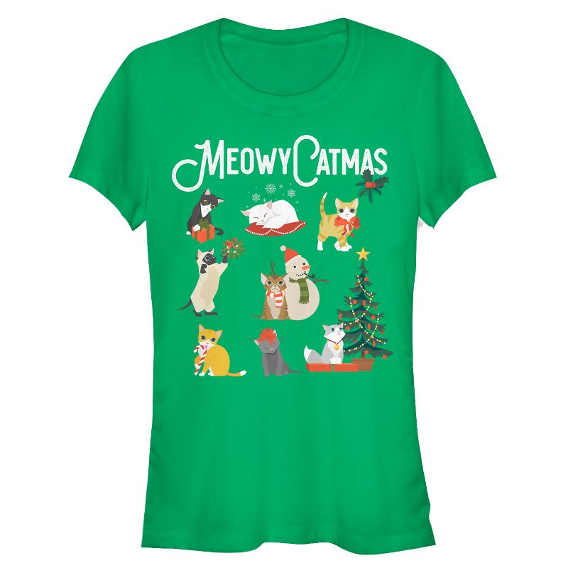 Juniors Womens Lost Gods Christmas Cat Collage T-Shirt, 1 of 4