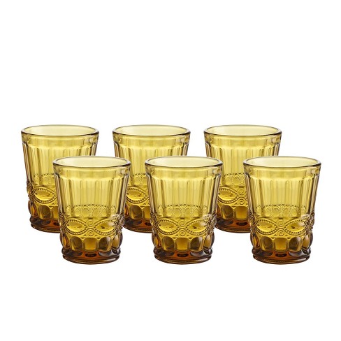 WHOLE HOUSEWARES 8 Oz Embossed Amber Glassware Vintage-Pressed Pattern Set  of 6, Amber