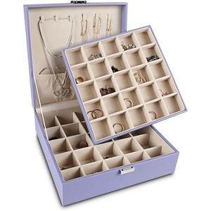 2-Layer Earring Holder with 50 Slots, PU Leather Jewelry Organizer & Storage Box for Earrings and Necklaces, Black - 1 of 4