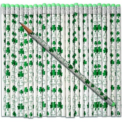 4E's Novelty St. Patrick's Day Pencils, 30 Pack, Bulk Wooden Green & White Shamrock Pencils for Kids, Classroom Party Favors, Gifts