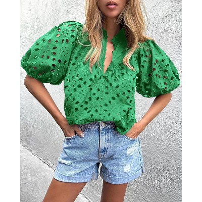 Women's Summer Tops 2025 Dressy Casual V Neck Short Sleeve Buttons Hollow Out Lace Embroidered Blouses Shirts