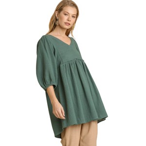 Slickblue Print Blocked Ruched Front Deep V Dress for Women, Stretch Fit, Soft Clay/Seaweed, Size S-L - 1 of 4