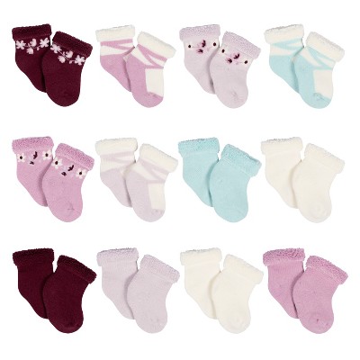 Gerber Baby Girls' 12-Pack Terry Wiggle Proof® Socks Lavender Garden - 0-3 Months
