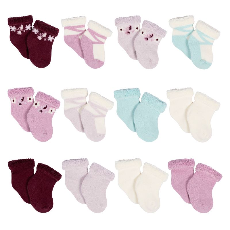 Gerber Baby Girls' 12-Pack Terry Wiggle Proof® Socks Lavender Garden, 1 of 10
