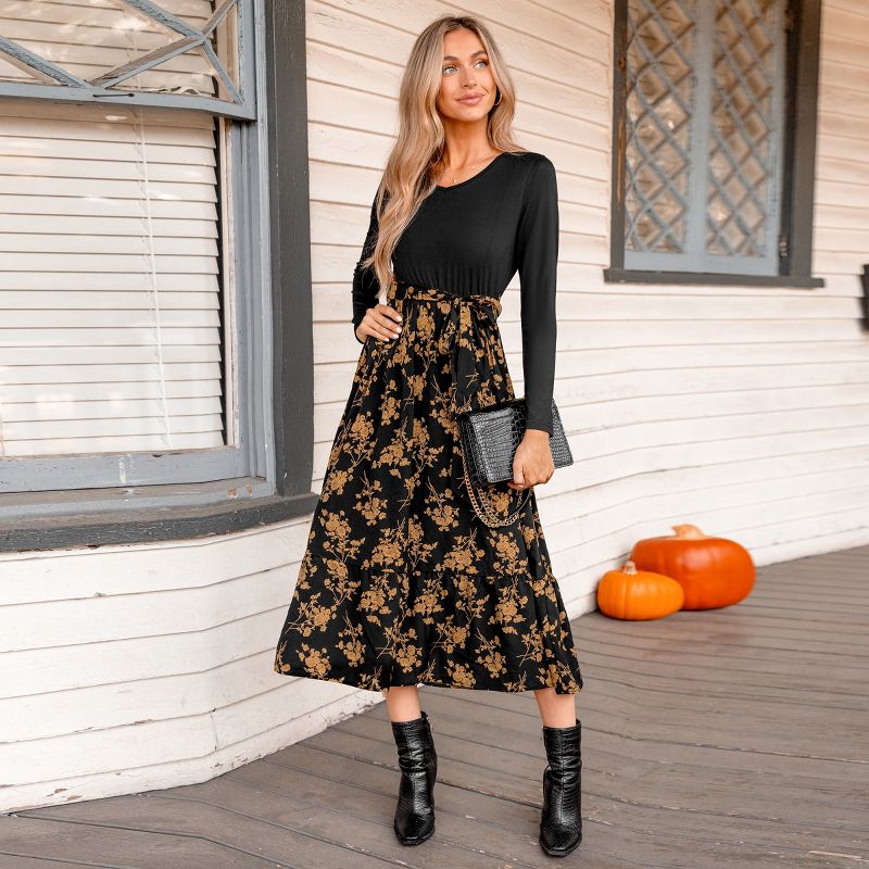 Women's Belted Floral Print Long Sleeve Maxi Dress - Cupshe, 3 of 8