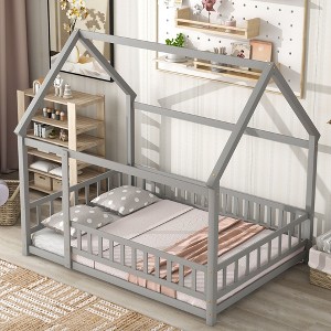 Okak Full Size Bed Frame with House-Style Roof & Fences Guardrails, Modern Floor Bed for Toddlers/Kids Bedroom - 1 of 4