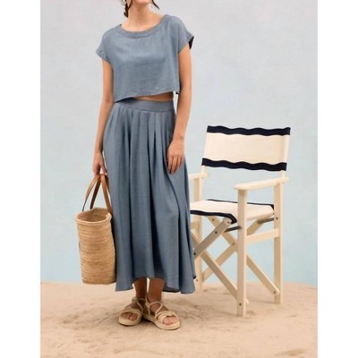 Women's Chambray Boat Neck Boxy Crop Top - Blu Pepper
