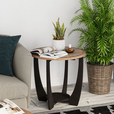 JIONJOY Vintage French Country Round End Table with Storage Shelf
