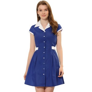 Allegra K Women's Vintage Button Down Flat Collar Belted Office Mini Shirt Dress - 1 of 4