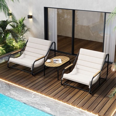 Okak 3-Piece Outdoor Chaise Lounge Set with Acacia Side Table,Patio Loungers with Weather-Resistant Steel Frame for Poolside,Lawn,Beach,Beige+Black