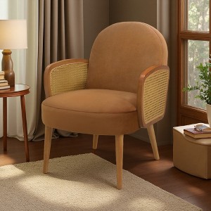28.35" Velvet Mid-Century Accent Chair with Rattan Armrests and Rubberwood Legs - 1 of 4