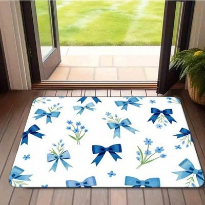 Chery Life Blue Bow & Floral Pattern Floor Mat, Non Slip Water Absorbing Floor Mat Suitable For Entrance