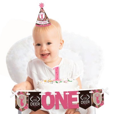 Big Dot of Happiness Pink Gone Hunting 1st Birthday - First Birthday Boy Smash Cake Decorating Kit - High Chair Decorations