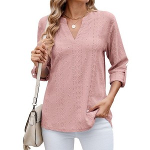 Coolmee Women's V Neck Casual Hollow Out Eyelet Embroidered Blouses Shirts Cover Up Tops Dressy - 1 of 4