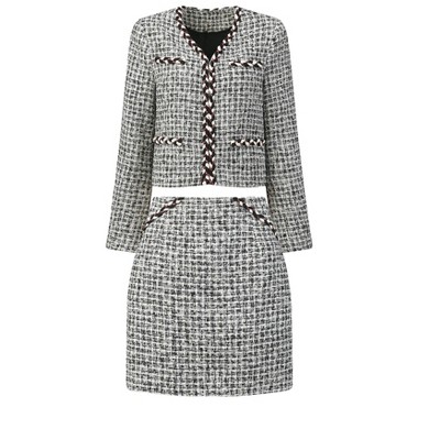 Hobemty Women's Plaid Tweed Outfits Short Blazer Jacket and Skirt 2 Pcs Suit Sets