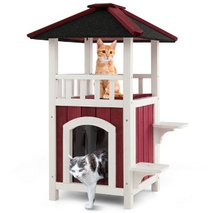 Costway Outdoor Cat House 2-Story Wooden Cat Shelter with Asphalt Roof Removable Floor - 1 of 4