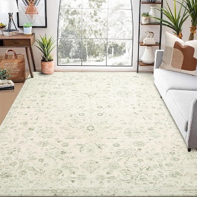 Acekool 10x13 Vintage Medallion Washable Area Rug, Extra Large Non-Slip Distressed Floral Carpet, Stain Resistant for Living Room, Bedroom, Grey