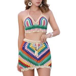INSPIRE CHIC Women's Hollow Out Summer Beach Crochet Knit Cami Top Mini Skirt 2 Pieces Bikini Sets - 1 of 4