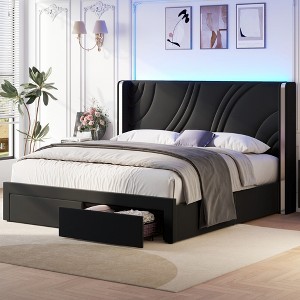 Merax Modern Velvet Upholstered LED Bed Frame with Wingback Headboard & Storage Drawers - 1 of 4