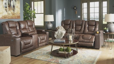 Brown Tufted Faux Leather Reclining Sofa with Storage and Cup Holder