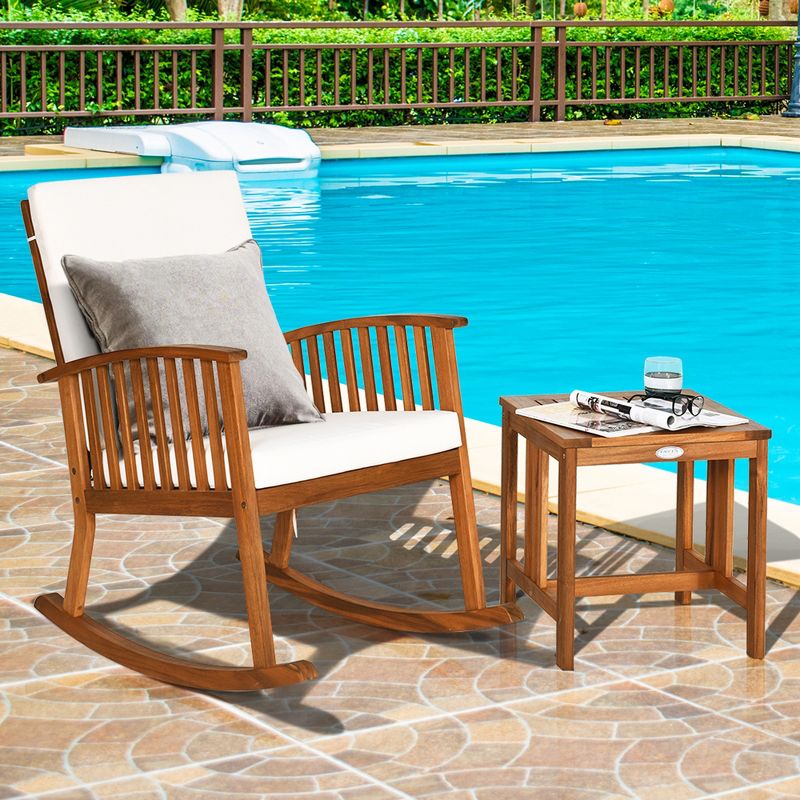 Tangkula 2PCS Patio Wooden Rocking Chair Set Garden Outdoor w/ Coffee Table Cushion, 2 of 10