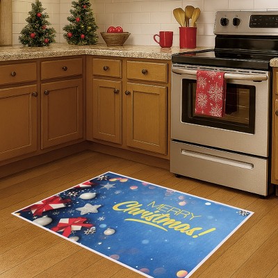 Home Mart Goods Merry Christmas Holiday Blue Non-Slip Washable Low Pile Kitchen Mat Entrance Door Mat - 31" x 19"