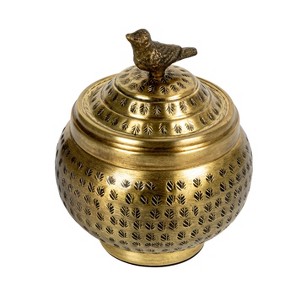 Round Hammered Metal Container with Finial, Brass Finish - 1 of 4
