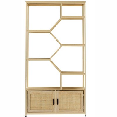 OUTSUPPLY Rattan bookshelf 7 tiers Bookcases Storage Rack with cabinet for Living Room Home Office
