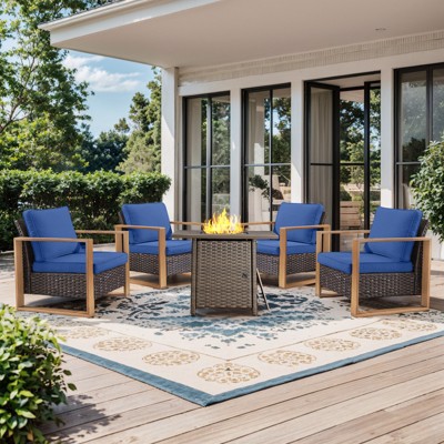 Buenhomino Outdoor Wicker Patio Furniture Set with Fire Pit Table, 5 Pieces Patio Conversation Sets with 4 Outdoor Patio Chairs and 1 Fire Pit Table