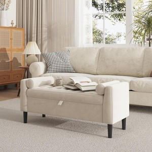 46.5" Storage Bench,Velvet Upholstered Tufted End of Bed Bench with 2 Pillows & Rolled Arms - 1 of 4