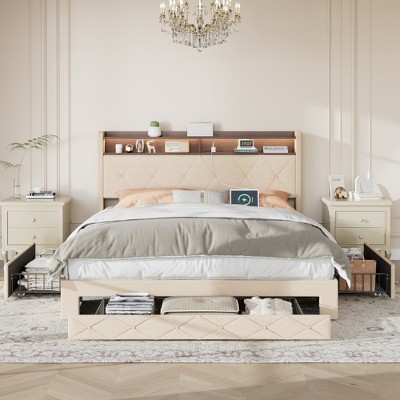 VECELO Full/Queen Size Bed Frame, Upholstered Platform Bed with Headboard & Charging Station, Heavy Duty Metal Slats, Beige