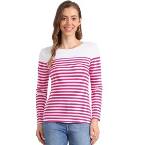 INSPIRE CHIC Women's Color Block Round Neck Long Sleeves Striped Basic T-Shirt - 1 of 4
