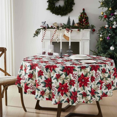 Poinsettia Red and Green Polyester Round Holiday Tablecloth