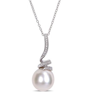 EVERLY JEWELRY | Sterling Silver 11-12mm Cultured Freshwater Pearl and Diamond Accent Swirl Drop Pendant with Chain, 18" - 1 of 4