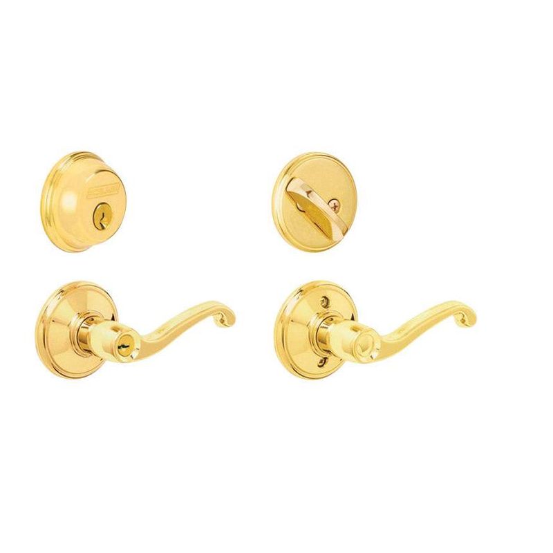 Schlage Flair Bright Brass Lever and Single Cylinder Deadbolt 1-3/4 in., 1 of 2