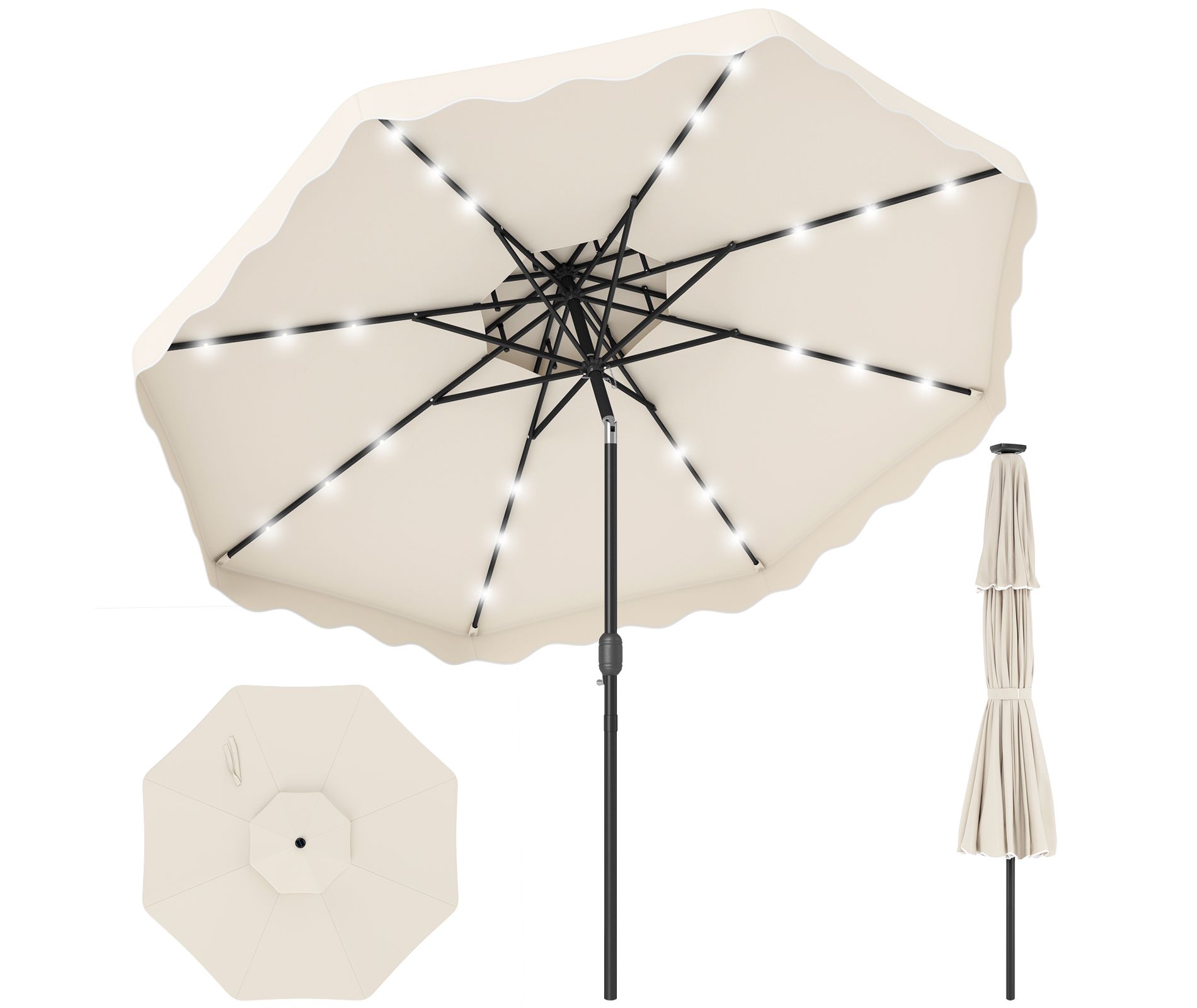 Costway 9 FT Solar LED Patio Umbrella, Push-Button Tilt & Crank, 24 LED Lights & 8 Ribs Beige/Brown/Gray/Turquoise/Red