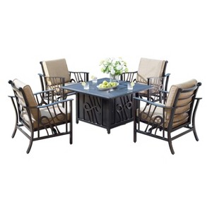 5pc Set with 42" Square Outdoor Aluminum Fire Table & Four Chairs - Oakland Living - 1 of 4