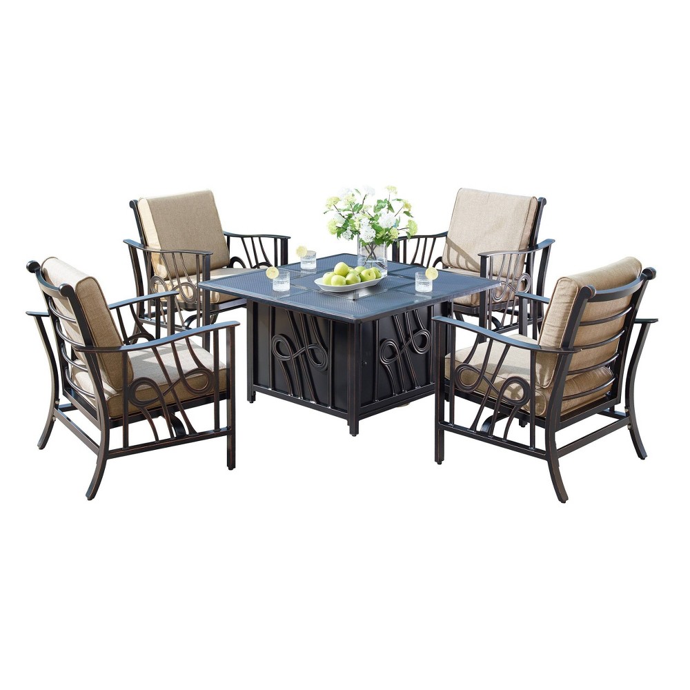 Photos - Garden Furniture 5pc Set with 42" Square Outdoor Aluminum Fire Table & Four Chairs - Oaklan