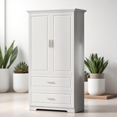 Tall Bathroom Storage Cabinet with 2 Drawers and Doors, Freestanding MDF Organizer with Adjustable Shelf
