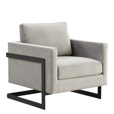 LeisureMod Lincoln Velvet Accent Arm Chair, Black Steel Frame