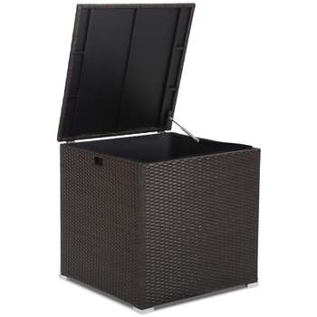Tangkula 72 Gallon Deck Box Outdoor Mix Brown Wicker Storage Box with Waterproof Zippered Liner and Safe Pneumatic Rod
