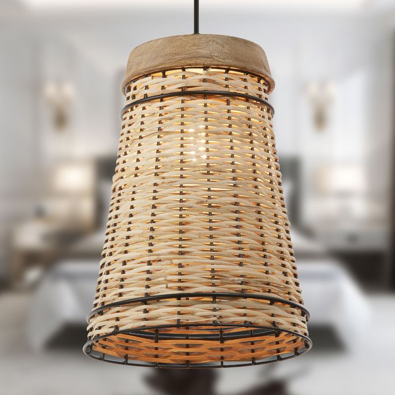 10&#34; Aleta Rattan and Wood Pendant Ceiling Light - River of Goods, 3 of 10