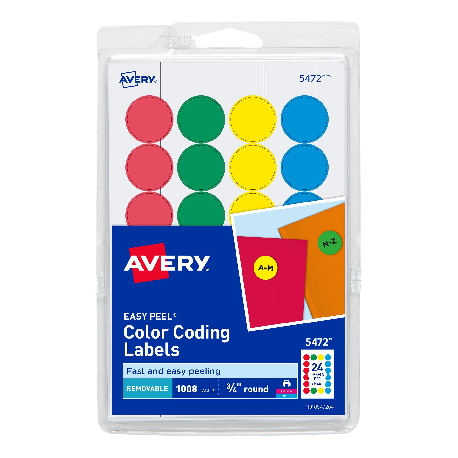 Avery Printable Color-Coding Labels, Removable Adhesive, 3/4" Round, Assorted, 1,008 Labels (5472)