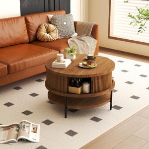 Munora 31" Flip-Top Round Coffee Table - Farmhouse Style Center Table with Hidden Compartment, Sliding Doors & Open Shelf, Sturdy Metal Frame (Brown) - 1 of 4