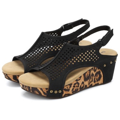 Womens Wedge Sandals, Open Toe Hollow-Out Upper Leopard Sandals, Slingback Ankle Strap Summer Casual Sandals for Beach,Pool,Vacation