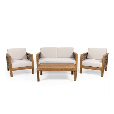 Linwood Outdoor 4 Seater Acacia Wood & Wicker Chat Set - Teak/Brown/Beige - Christopher Knight Home